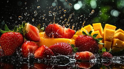Fresh Strawberries, Papaya, and Mango Splashing, Isolated on Transparent Background 