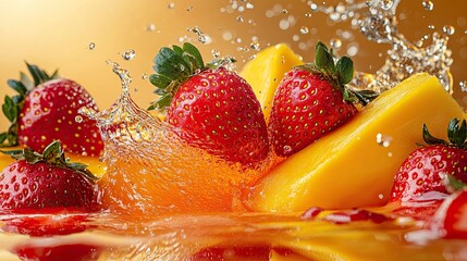 Fresh Strawberries, Papaya, and Mango Splashing, Isolated on Transparent Background 