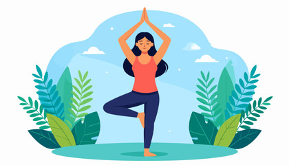 Fototapeta premium Serene woman with dark hair in Tree Pose (Vrikshasana) yoga asana, wearing sportswear.