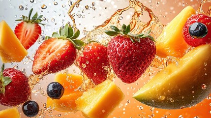 Fresh Strawberries, Papaya, and Mango Splashing, Isolated on Transparent Background 