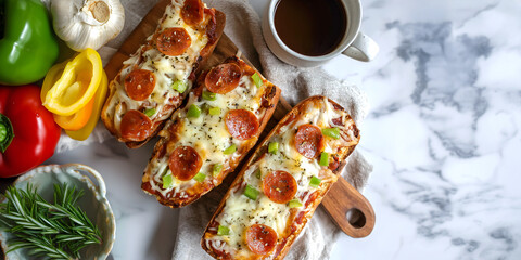 Creative food template. Sliced baguette topped with pizza sauce, melted mozzarella cheese, pepperoni and diced bell pepper with ingredient surrounding on white marble background . copy text space