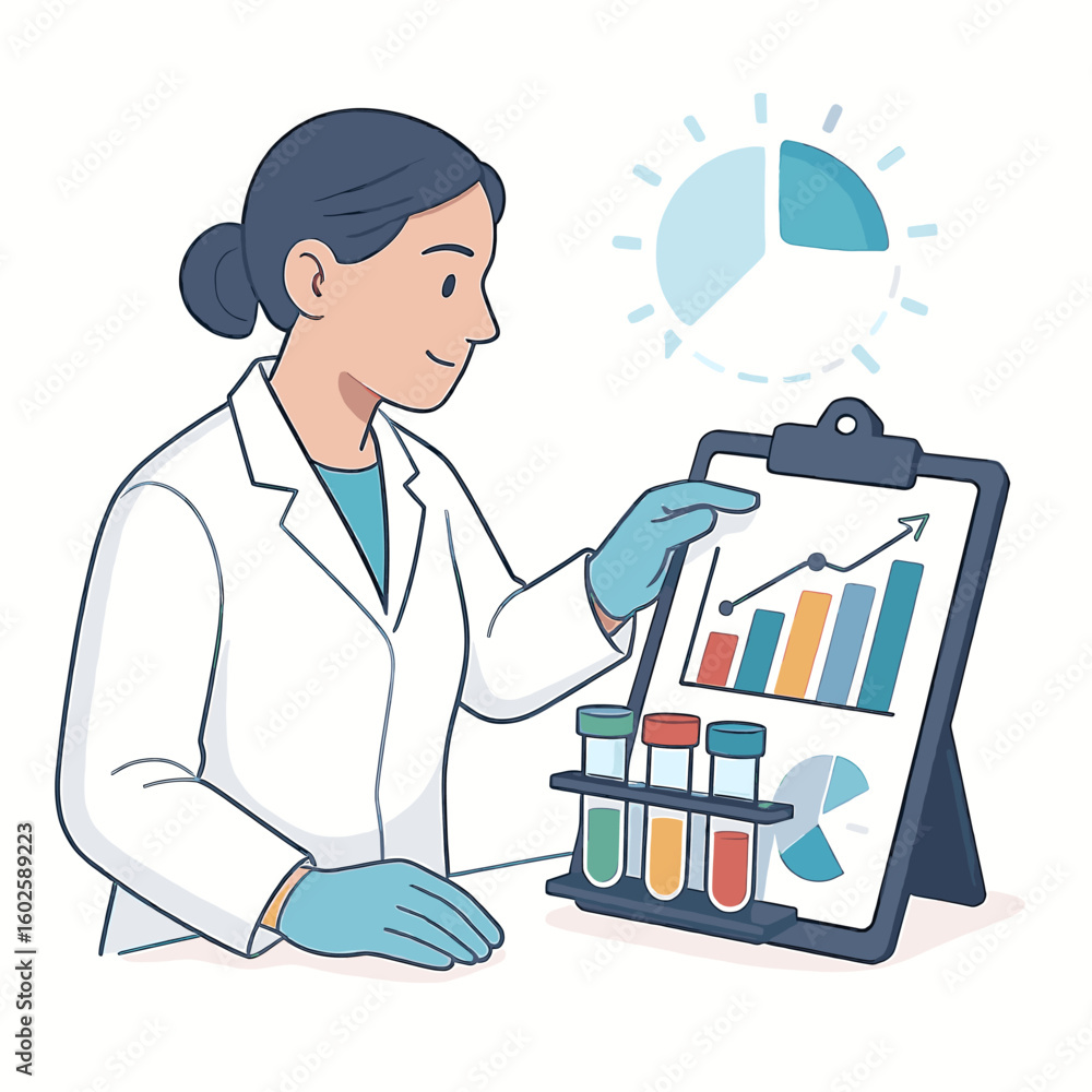Poster analysis of data in laboratory a scientist examines charts and graphs in a lab, utilizing test tubes