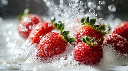 Fresh Strawberries Splashing in Creamy Milk with Effervescent Bubbles 