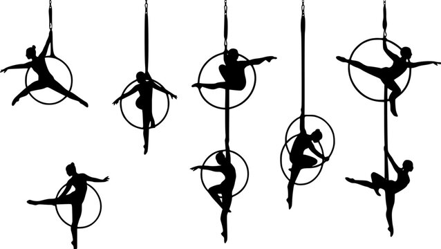 set of Aerial dancer silhouette vector illustration. Woman or girl performing on hoop.
