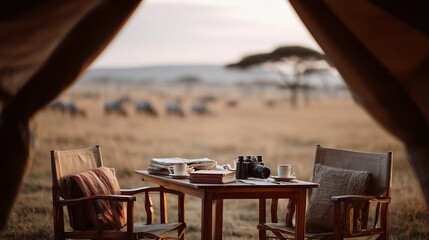 Open tent view of a safari camp workspace with binoculars, books, and landscape in an African wilderness setting.