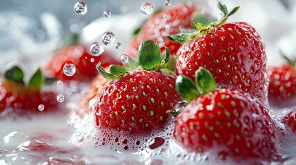 Fresh Strawberries Splashing in Creamy Milk with Effervescent Bubbles 