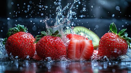 Fresh strawberries, watermelon, and kiwi with a splash of water.