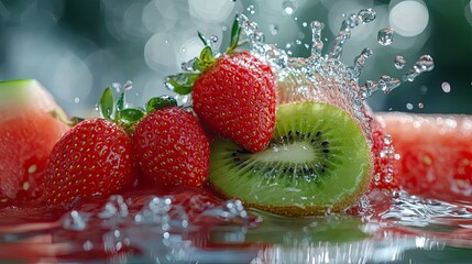 Fresh strawberries, watermelon, and kiwi with a splash of water.
