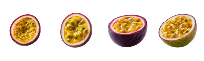 Passion fruit halves arranged on white backdrop. Tropical fruit, exotic, freshness, healthy, vibrant, juicy, delicious, culinary, wellness, nutrition
