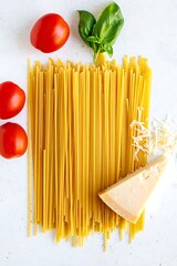 Top View Pasta Prep Raw Spaghetti Tomatoes Basil Parmesan Clean