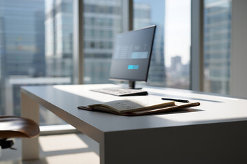 Modern office desk with computer and notebook image