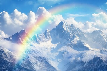 Snow-capped mountains with a vibrant rainbow.