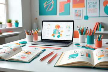 Creative workspace with colorful art supplies desk