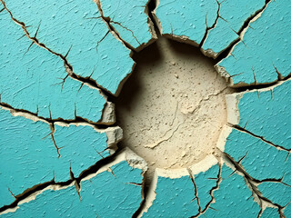Cracked turquoise wall texture with central hole, weathered and aged effect. Generative AI