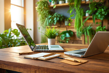 Laptops and plants on wooden desk notebook pens
