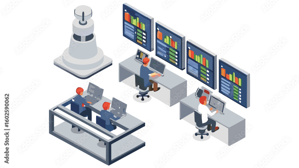 Poster isometric view of a control room with operators workstations and surveillance tower shown in the sce