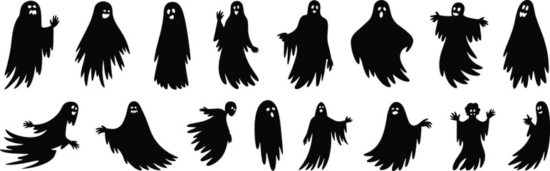 Scary ghost silhouette collection, spooky Halloween spirit vector set, cartoon haunted figure clipart, cad drawing flat vector illustration