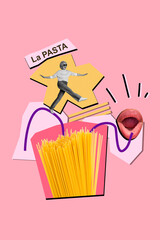 Vertical 3d poster art collage of happy girl walk la pasta macaroni doodle mouth eat spaghetti...