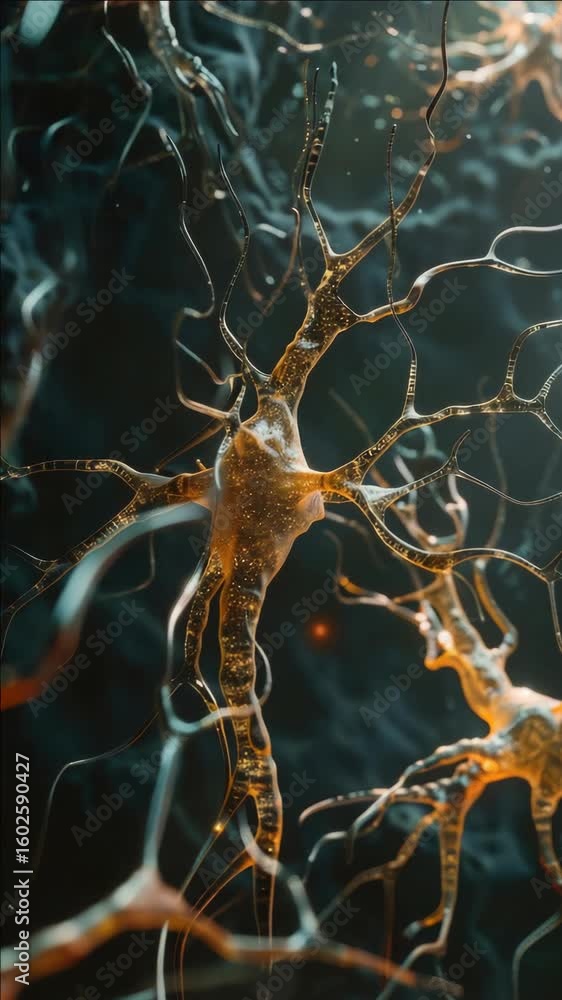 Poster close-up microscopic view of neurons with dendrites and axon terminals
