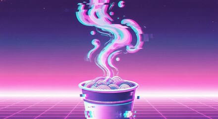 Ramen bowl with vapor and grid background digital art