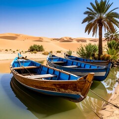 Obraz premium Desert oasis with traditional boats