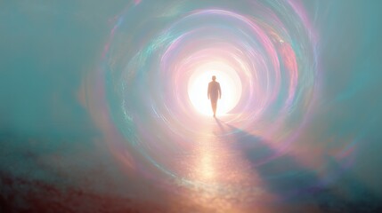 A silhouette of a person walking towards a bright, colorful light at the end of a surreal tunnel.