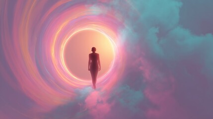 A figure walks toward a glowing, colorful light tunnel, surrounded by vibrant swirls, creating a mystical and surreal atmosphere.