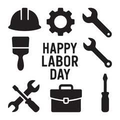 Obraz premium Hard hat gear wrench paint brush screwdriver briefcase labor day happy labor day