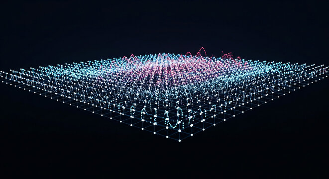 3D Data Visualization Grid With Abstract Network and Digital Wave Patterns
