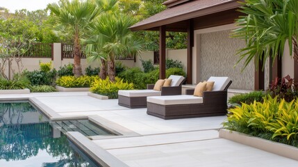 Serene outdoor lounge area with sunbeds by a tranquil pool surrounded by lush greenery