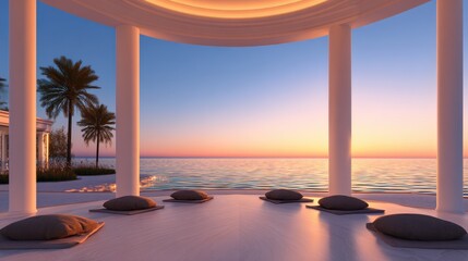 Serene waterfront meditation space at sunset with cushions and palm trees in the background