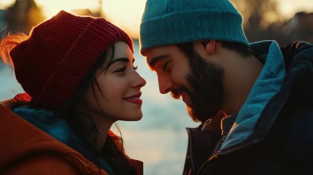 A couple shares a warm and affectionate moment against the backdrop of a beautiful sunset.