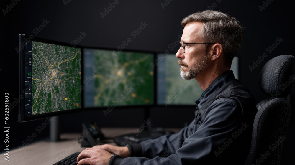 Poster man in glasses analyzes detailed satellite or map data on three large curved monitors in a dimly lit