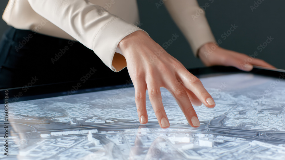 Poster person interacts with a large touchscreen table displaying a detailed 3d map or model, suggesting te