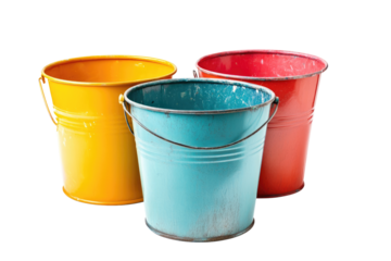 Three vintage-style metal buckets in vibrant colors