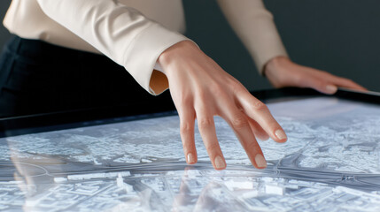  person interacts with a large touchscreen table displaying a detailed 3D map or model, suggesting technology use in urban planning or design.