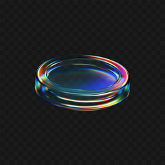3D transparent glass coin icon with holographic and iridescent effect. Render of flying glass coin for digital currency, casino chip, reward medal, or futuristic UI element. 3D vector illustration