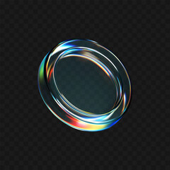 3D transparent glass coin icon with holographic effect, isolated on dark background. Render of iridescent flying glassy coin, game token, casino chip, digital currency or reward medal. 3D vector