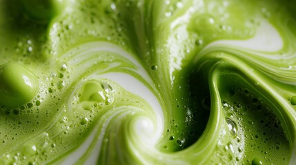 Close-up of a vivid green liquid swirling with bubbles, capturing a dynamic, abstract texture and energetic movement.