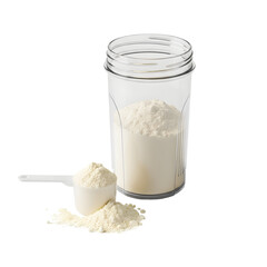 Protein powder in a clear container with a scoop, ideal for fitness, nutrition, and health concepts, promoting wellness and healthy lifestyles with dietary supplements
