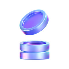 3D holographic coin stack with purple neon effect. Render of iridescent chrome coin pile, game token, casino chip, digital currency, or treasure. 3D vector illustration