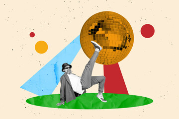 Sketch artwork trend collage of happy old man dance disco ball celebration occasion 90s party...