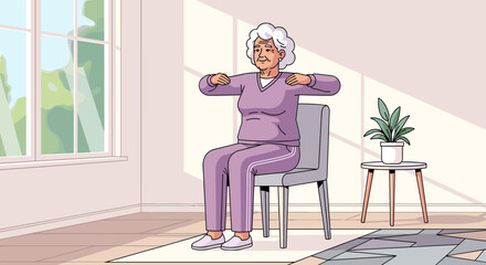Senior woman exercising arm stretches at home in a bright living room