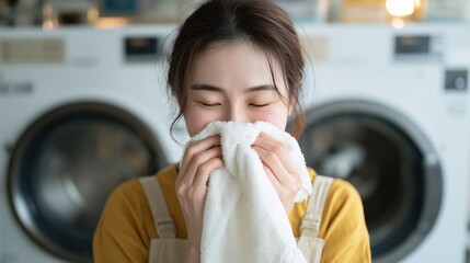 Smiling woman holding clean white towel in laundromat, conveying warmth and cleanliness.