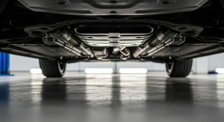 Close-up of car undercarriage with exposed exhaust system in garage