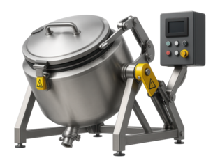 Rotary batch pasteurizer with a tilting mechanism and safety interlocks for a yogurt production facility