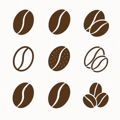 コーヒー豆アイコンセット ー メニューやロゴ、パッケージに使える単色、シンプル＆モダンのコーヒー豆アイコン9種。汎用性が高く、印刷・Web・SNSに最適なグラフィック素材。シール、フレークシール、手帳デコ素材にも最適。