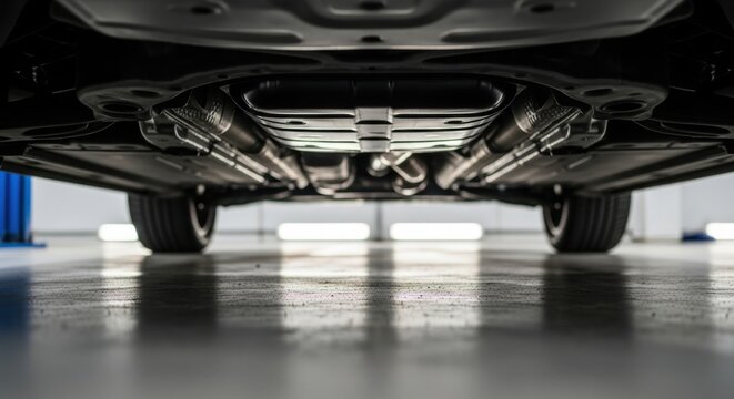 Close-up of car undercarriage with exposed exhaust system in garage - Powered by Adobe