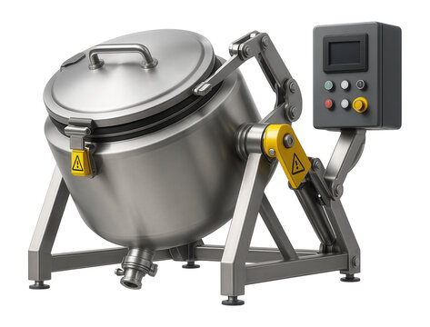 Rotary batch pasteurizer with a tilting mechanism and safety interlocks for a yogurt production facility