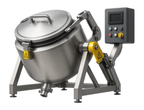 Rotary batch pasteurizer with a tilting mechanism and safety interlocks for a yogurt production facility